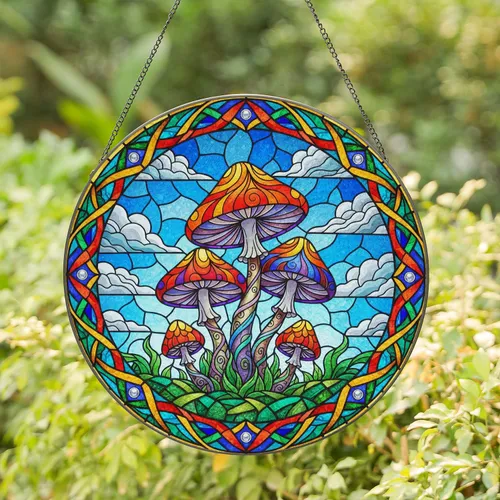 Mushroom Tiffany Stained Glass Jewel Tones - Blue Sky Cloud Mosaic Nature Home Decor Stained Glass Suncatcher