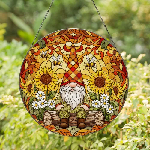 Garden Gnome Sunflowers Bumblebees Tiffany Glass Autumnal Jewel Tones - Window Art Stained Glass Suncatcher