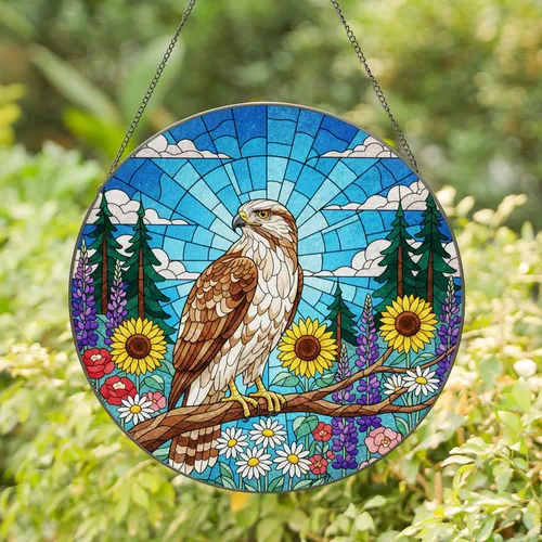 Majestic Hawk Stained Glass Wildflowers, Conifer Trees, Blue Sky, Clouds & Suns - Nature Decor Gift Stained Glass Suncatcher