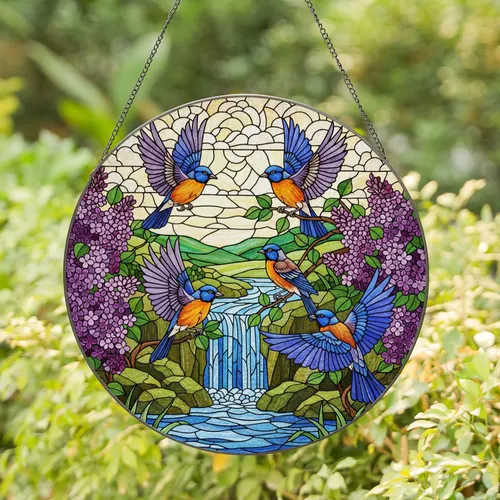 Blue Head Orange Breast Songbirds Waterfall Lilac Bushes Tiffany Stained Glass Sky Mosaic Stained Glass Suncatcher