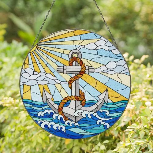 Stained Glass Ship Anchor Ocean Waves Sun Sky Blue Jewel Tone Tiffany Art Decor Stained Glass Suncatcher