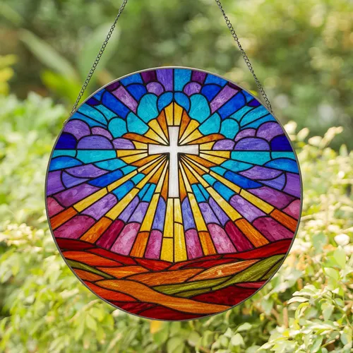 Glowing Cross Golden Rays Stained Glass - Tiffany Style Sky Mosaic Jewel Tone Art Stained Glass Suncatcher