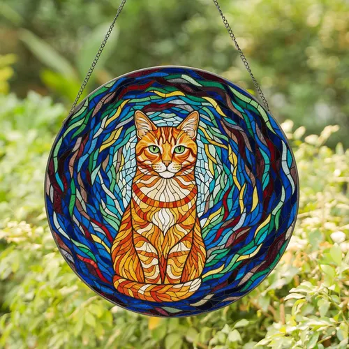 Orange Tabby Cat Stained Glass - Emerald Green Eyes & Tiffany Style Swirling Mosaic Stained Glass Suncatcher