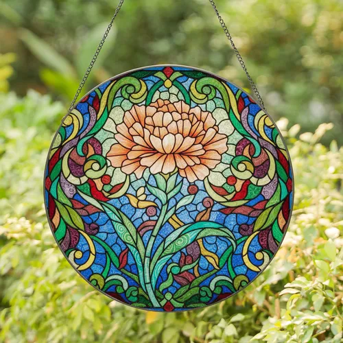 Stained Glass Carnation Peony Bloom Tiffany Style Floral Mosaic Jewel Tone Translucent Art Stained Glass Suncatcher