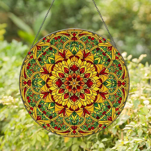 Tiffany Style Floral Mandala Stained Glass Art with Jewel Tones & Intricate Mosaic Background Stained Glass Suncatcher
