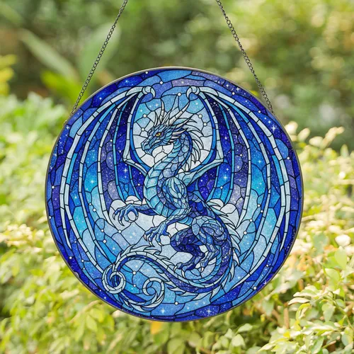 Stained Glass Cosmic Dragon Majestic - Tiffany Style Nebula Stars Edge-to-Edge Jewel Tones Stained Glass Suncatcher