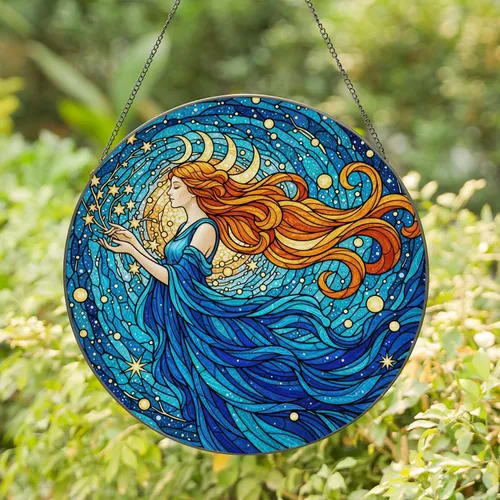 Stained Glass Serene Woman Cosmic Art - Flowing Hair, Golden Stars, Tiffany Style Stained Glass Suncatcher