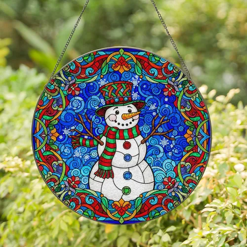 Cheerful Snowman Stained Glass Mosaic - Tiffany Style Winter Sky Holiday Home Decor Gift Stained Glass Suncatcher