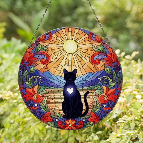 Black Cat Glowing Heart Stained Glass Flowers Tiffany Mosaic Radiant Sun Landscape Stained Glass Suncatcher