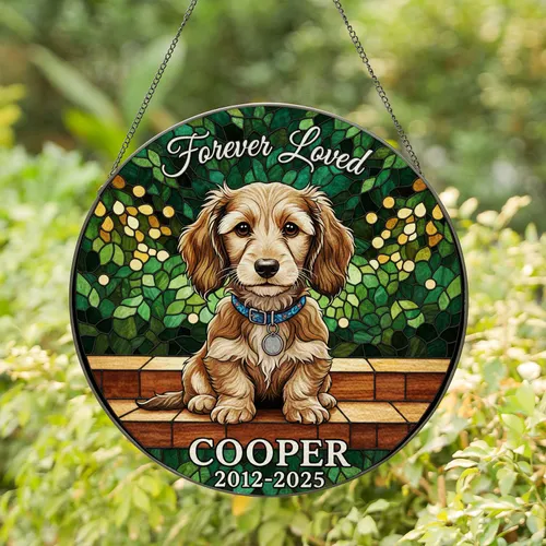 Tan Dachshund Puppy Stained Glass Forever Loved COOPER 2012-2025 Pet Memorial Tribute Stained Glass Suncatcher