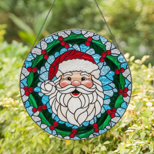 Smiling Santa Claus Face Tiffany Glass Mosaic Art - Christmas Holiday Window Decor Gift Stained Glass Suncatcher