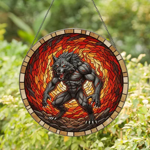Ferocious Snarling Wolf Werewolf Fiery Red Eye Dark Grey Mosaic Tiffany Style Stained Glass Suncatcher