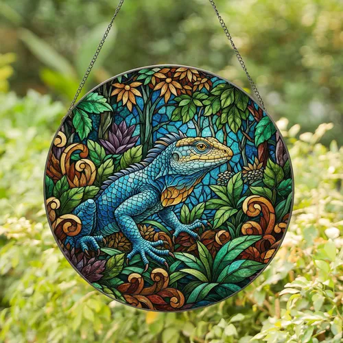 Blue Scaled Lizard Jungle Foliage Stained Glass Art Mosaic - Tiffany Jewel Tones Stained Glass Suncatcher