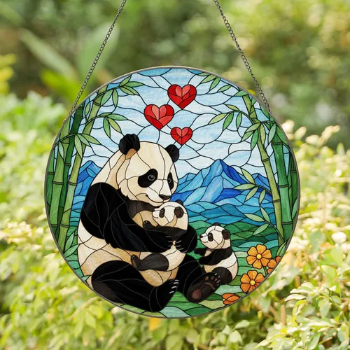 Panda Family Stained Glass Art, Baby Pandas, Red Hearts, Orange Flowers, Bamboo Forest Stained Glass Suncatcher