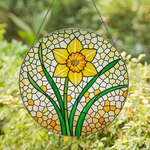 Daffodil Flower Tiffany Stained Glass Mosaic Emerald Green Leaves Glowing Jewel Tones Stained Glass Suncatcher