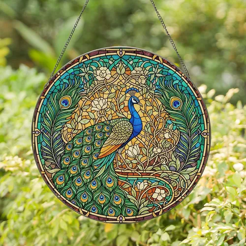 Peacock Tiffany Style Stained Glass - Fanned Tail Iridescent Eyes Mosaic Stained Glass Suncatcher