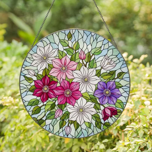 Tiffany Style Stained Glass Multi-Petal Flower Clematis Bloom Jewel Tone Edge-to-Edge Mosaic Stained Glass Suncatcher