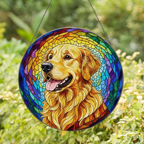 Golden Retriever Dog Stained Glass Art - Tiffany Style Mosaic Panting Dog Portrait Stained Glass Suncatcher