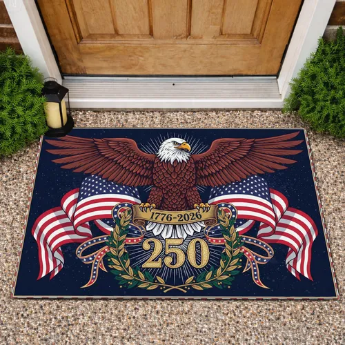 Bald Eagle American Flag 1776-2026 - USA 250th Anniversary Gold Emblem Doormat