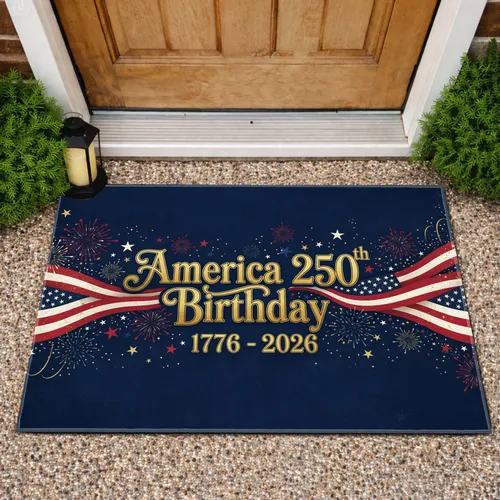 America 250th Birthday 1776-2026 USA Flag Stripes Fireworks Stars American Heritage Doormat