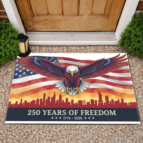 Bald Eagle American Flag 1776-2026 - USA 250th Anniversary Cityscape Fireworks Design Doormat