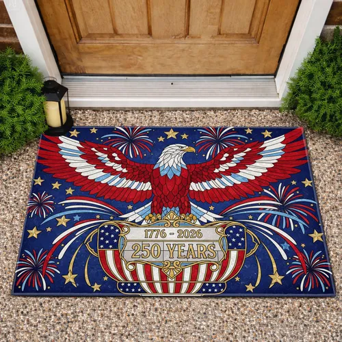 Stained Glass Bald Eagle Flag 1776-2026 - USA 250th Anniversary Patriotic Gift Doormat