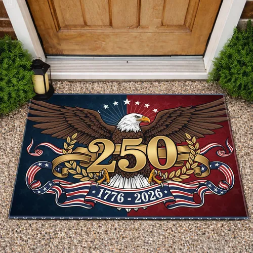Bald Eagle American Flag 1776-2026 - USA 250th Anniversary Gold 250 Laurel Wreath Doormat