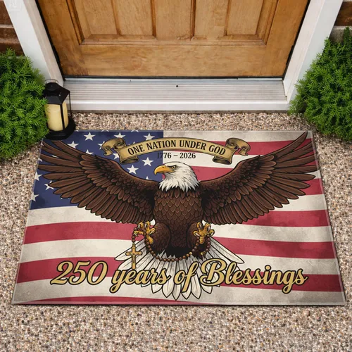 Bald Eagle American Flag 1776-2026 One Nation Under God Rosary Cross - 250th Anniversary Doormat