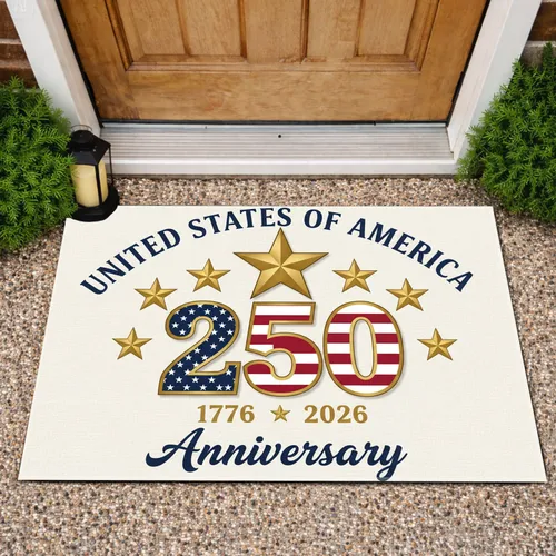 USA 250th Anniversary 1776-2026 Patriotic Stars Stripes Numeric Emblem Display Doormat