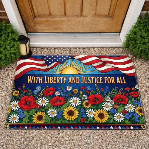 American Flag Rising Sun Wildflowers Patriotic - USA 250th Anniversary Liberty Justice Art Doormat