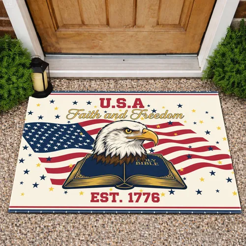 Bald Eagle American Flag Holy Bible Faith Freedom 1776-2026 - USA 250th Anniversary for Veterans Doormat