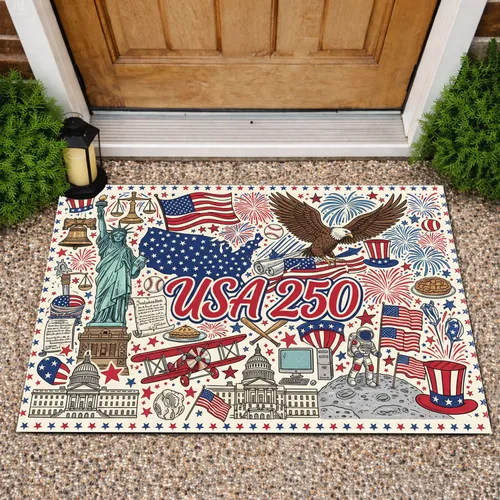 USA 250 Patriotic Collage - Eagle Flag Liberty Bell 250th Anniversary 1776-2026 Doormat
