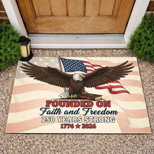 Bald Eagle American Flag Holy Bible 1776-2026 - USA 250 Years Strong Faith Freedom Doormat