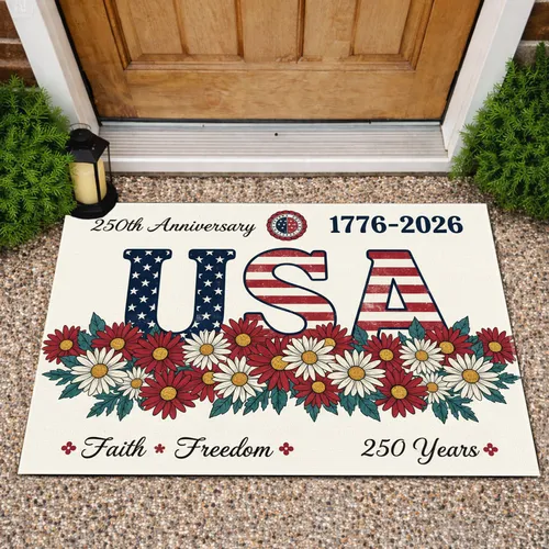 Distressed USA 250th Anniversary 1776-2026 - Floral Daisies Garland Faith Freedom Doormat