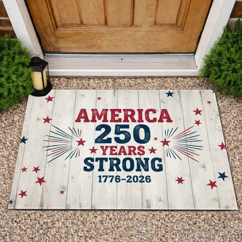 America 250 Years Strong 1776-2026 Patriotic Stars Rustic Wood - USA 250th Anniversary Doormat