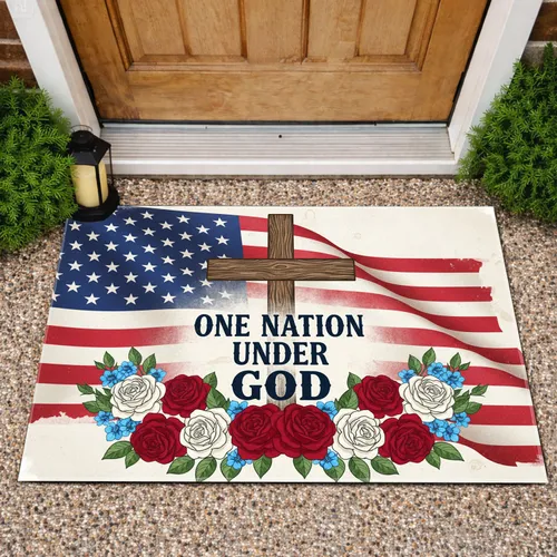 Cross American Flag 'One Nation Under God' Floral Wreath - USA 250th Anniversary 1776-2026 Doormat