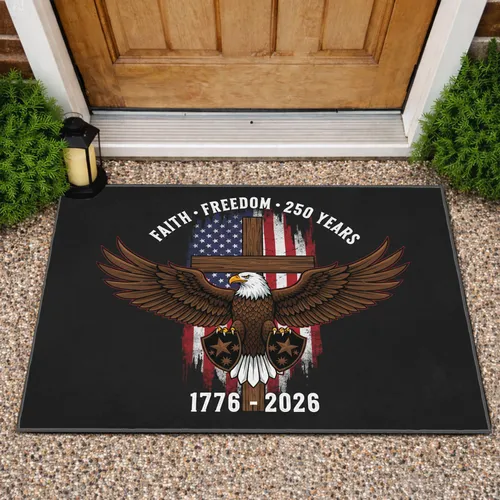 Bald Eagle American Flag Cross 1776-2026 - USA 250th Anniversary Freedom Faith Doormat