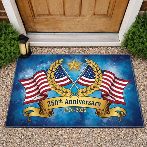 Crossed American Flags Gold Star 250th Anniversary 1776-2026 - USA Independence Day Doormat