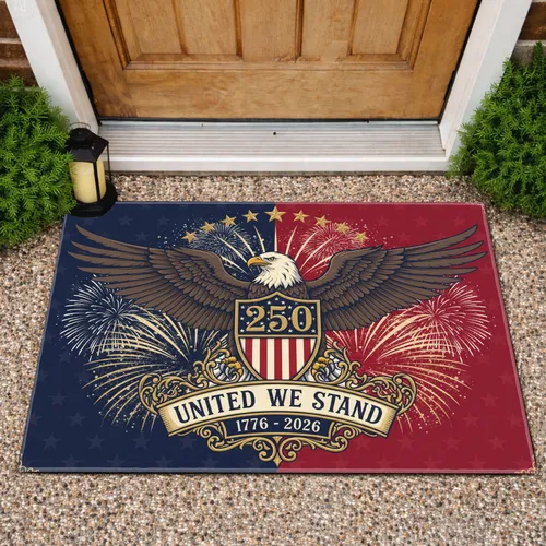 Bald Eagle American Flag 1776-2026 - USA 250th Anniversary United We Stand Fireworks Doormat