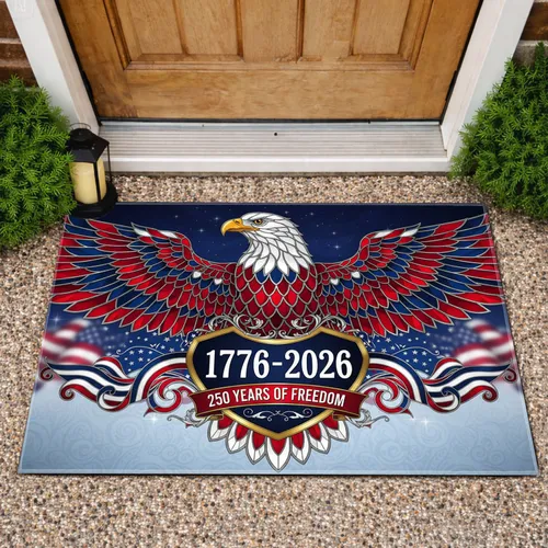 Bald Eagle American Stained Glass 1776-2026 USA 250th Anniversary Patriotic Heart Shield Doormat