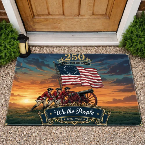 Colonial Soldiers Cannon Betsy Ross Flag 1776-2026 - USA 250th Anniversary Freedom Gift for Veterans Doormat