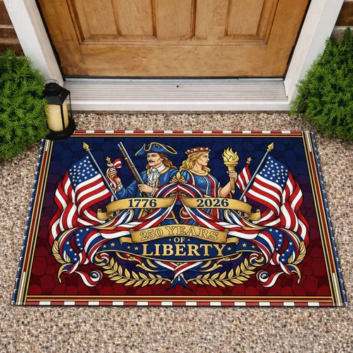 Stained Glass 1776-2026 Liberty Figures American Flag - USA 250th Anniversary Independence Day Doormat