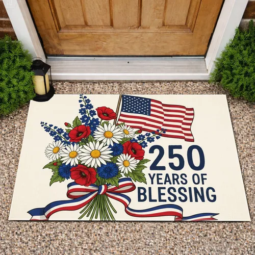 America 250th Anniversary Patriotic Floral Flag - 1776-2026 Years of Blessing Doormat