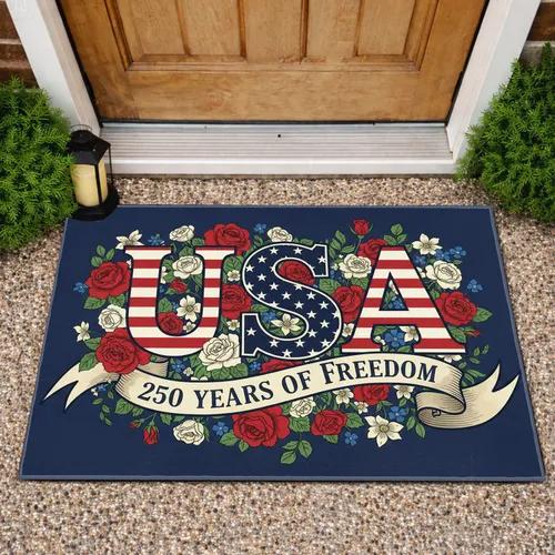 USA Flag Stripes Stars Floral Patriotic 250 Years of Freedom 1776-2026 Independence Day Doormat