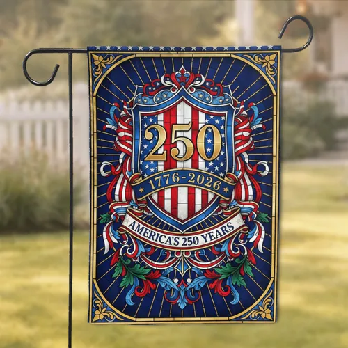 Patriotic Shield 250th Anniversary 1776-2026 Stained Glass - USA Freedom Celebration Garden Flag