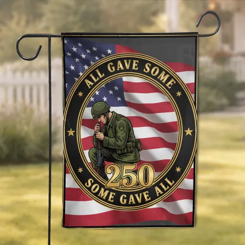 Kneeling Soldier American Flag 1776-2026 - USA 250th Anniversary Tribute for Veterans Garden Flag