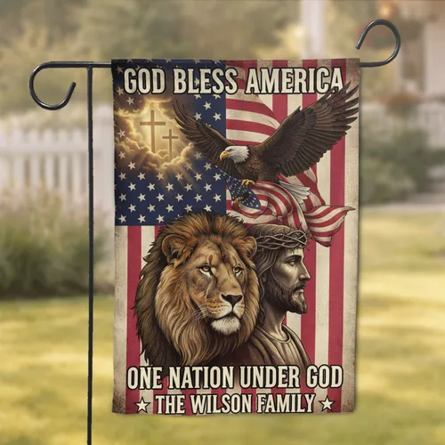 Bald Eagle American Flag Lion Jesus Christ Crosses 'God Bless America' 1776-2026 USA 250th Anniversary Garden Flag