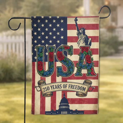 Floral USA Flag 250th Anniversary (1776-2026) - Liberty & Freedom Patriot Design Garden Flag