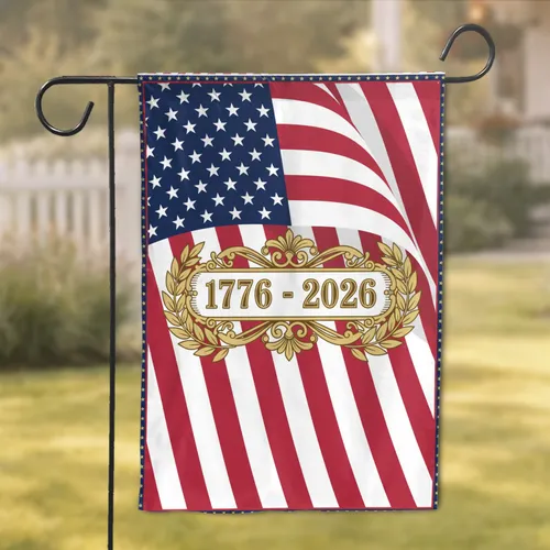 American Flag 1776-2026 Gold Laurel Banner Patriotic - USA 250th Anniversary Commemoration Garden Flag