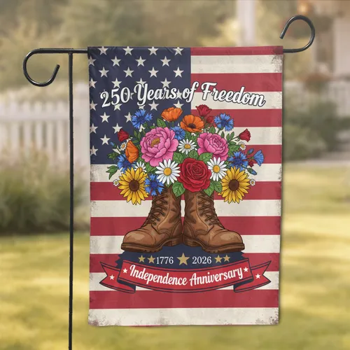 Military Boots American Flag Flowers 1776-2026 - USA 250 Years of Freedom Independence Garden Flag